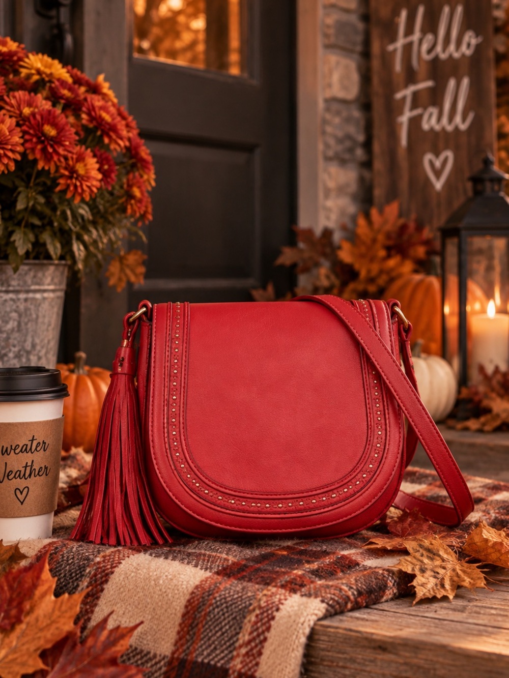 CROMA VINTAGE red boho western faux leather tassel flap stud, Crossbody bag